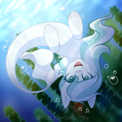 Size: 1536x1536 | Tagged: safe, artist:x-emilytheunicorn-x, derpibooru import, oc, oc only, seapony (g4), bubble, crepuscular rays, digital art, female, fish tail, flowing mane, flowing tail, ocean, open mouth, seaweed, smiling, solo, sunlight, swimming, tail, underwater, water