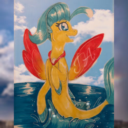 Size: 750x750 | Tagged: safe, artist:jdash15, derpibooru import, princess skystar, seapony (g4), my little pony: the movie, cloud, dorsal fin, female, fin wings, fins, fish tail, jewelry, necklace, ocean, pearl necklace, red wings, sky, smiling, solo, sparkles, tail, water, wings