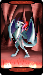 Size: 1500x2591 | Tagged: safe, artist:sixes&sevens, derpibooru import, part of a set, dragon lord ember, princess ember, dragon, angry, bloodstone scepter, cave, dragoness, female, lava, minor arcana, nine of wands, solo, stalactite, stalagmite, tarot card, wings