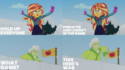 Size: 1280x720 | Tagged: safe, derpibooru import, edit, edited screencap, editor:quoterific, screencap, granny smith, sunset shimmer, better together, equestria girls, holidays unwrapped, duo, duo female, female, flag, open mouth, saving pinkie's pie, snow, snow fort, snowball fight