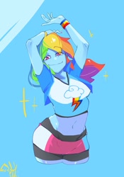 Size: 1400x2000 | Tagged: safe, artist:sozglitch, derpibooru import, rainbow dash, equestria girls, belly button, clothes, cutie mark, cutie mark on clothes, jacket, midriff, shorts under skirt, skirt, solo, stretching, wristband