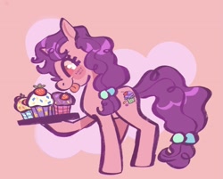 Size: 1981x1596 | Tagged: safe, artist:kindofmax, derpibooru import, sugar belle, pony, unicorn, cupcake, februpony, female, food, mare, pink background, simple background, solo, tongue, tongue out