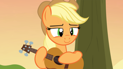 Size: 1920x1080 | Tagged: safe, artist:agrol, derpibooru import, applejack, pony, guitar, missing freckles, musical instrument, solo, sunset, tree