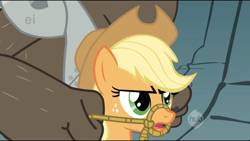 Size: 2208x1242 | Tagged: safe, derpibooru import, screencap, applejack, diamond dog, earth pony, pony, a dog and pony show, applejack is not amused, applejack's hat, bridle, clothes, cowboy hat, diamond dog guard, dogs riding ponies, duo, female, hat, hub logo, hub network, male, open mouth, tack, unamused