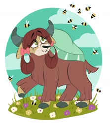 Size: 1657x1855 | Tagged: safe, artist:crypticcervine, derpibooru import, yona, bee, insect, yak, cute, female, flower, monkey swings, smiling, solo, this will end in pain, yonadorable