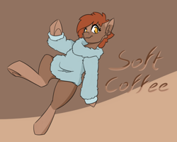 Size: 3000x2400 | Tagged: safe, artist:sneetymist, derpibooru import, oc, oc only, oc:soft coffee, earth pony, pony, blank flank, bottomless, clothes, coat markings, female, fluffy, fluffy sweater, mare, no tail, partial nudity, simple background, socks (coat marking), solo, sweater