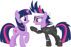 Size: 4572x3000 | Tagged: safe, artist:cloudyglow, derpibooru import, twilight sparkle, unicorn twilight, pony, unicorn, it's about time, angry, duo, duo female, eyepatch, female, future twilight, open mouth, pointing, self ponidox, shocked, simple background, time paradox, transparent background, vector