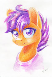 Size: 700x1034 | Tagged: safe, artist:maytee, derpibooru import, scootaloo, pegasus, pony, bust, clothes, colored pencil drawing, cute, cutealoo, looking at you, portrait, smiling, solo, traditional art