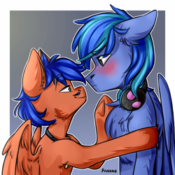 Size: 1920x1920 | Tagged: safe, artist:fraxus, artist:ilovefraxus, derpibooru import, oc, oc only, oc:griffin, pegasus, blushing, bust, commission, headphones, height difference, male, portrait, smiling, smirk, stand, ych result, your character here