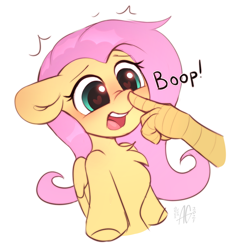 Size: 2124x2274 | Tagged: safe, artist:argigen, derpibooru import, discord, fluttershy, pony, boop, chibi, cute, disembodied hand, ears, floppy ears, hand, heart eyes, offscreen character, open mouth, rcf community, shyabetes, simple background, solo focus, white background, wingding eyes