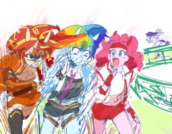 Size: 1024x800 | Tagged: safe, artist:misochikin, derpibooru import, pinkie pie, rainbow dash, sunset shimmer, twilight sparkle, equestria girls, running, uma musume pretty derby