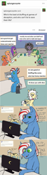 Size: 931x3467 | Tagged: safe, artist:ask-luciavampire, derpibooru import, oc, earth pony, pegasus, pony, unicorn, ask, ask-ponys-gamer-club, games, tumblr