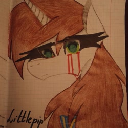 Size: 1080x1080 | Tagged: safe, artist:shards_of_black_glass, derpibooru import, oc, oc:littlepip, pony, unicorn, fallout equestria, fallout equestria: project horizons, blood, bust, clothes, crying, eyelashes, fanfic art, female, graph paper, horn, mare, smiling, solo, tears of blood, traditional art