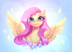 Size: 1920x1401 | Tagged: safe, alternate version, artist:spark_rarestar, artist:sparkling_light, derpibooru import, fluttershy, pegasus, pony, :3, blue background, blushing, bust, chest fluff, cute, daaaaaaaaaaaw, feather, female, flower, grin, lip bite, looking at you, mare, portrait, shyabetes, simple background, smiling, solo, spread wings, wings