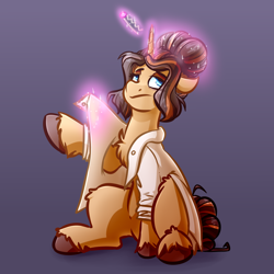 Size: 4000x4000 | Tagged: safe, artist:witchtaunter, derpibooru import, oc, pony, unicorn, chef, chest fluff, commission, ear fluff, ears, female, getting dressed, gradient background, hairpin, levitation, magic, sitting, solo, telekinesis, tired