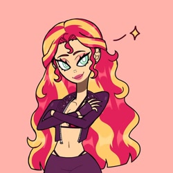 Size: 1080x1080 | Tagged: safe, artist:theapplequeenmaniac2, derpibooru import, sunset shimmer, human, bust, clothes, crossed arms, ear piercing, earring, eyelashes, female, fingerless gloves, gloves, humanized, jacket, jewelry, lipstick, piercing, pink background, simple background, smiling, solo