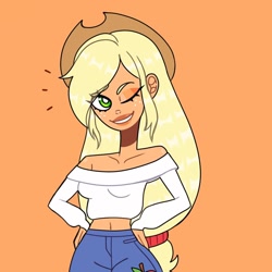 Size: 1080x1080 | Tagged: safe, artist:theapplequeenmaniac2, derpibooru import, applejack, human, clothes, eyelashes, female, freckles, grin, hand on hip, hat, humanized, one eye closed, shorts, simple background, smiling, solo, wink