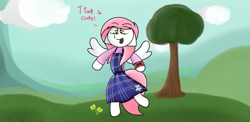 Size: 1179x577 | Tagged: safe, artist:inky scroll, derpibooru import, oc, oc:sugar morning, pegasus, clothes, cloud, cute, dialogue, dress, solo, tree