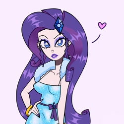 Size: 1080x1080 | Tagged: safe, artist:theapplequeenmaniac2, derpibooru import, rarity, human, bracelet, clothes, ear piercing, eyelashes, female, hand on hip, heart, humanized, jewelry, lipstick, makeup, nail polish, piercing, simple background, smiling, solo