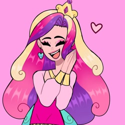 Size: 1080x1080 | Tagged: safe, artist:theapplequeenmaniac2, derpibooru import, princess cadance, human, :d, bracelet, clothes, ear piercing, eyelashes, eyes closed, female, heart, humanized, jewelry, piercing, pink background, simple background, smiling, solo