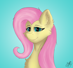 Size: 3184x2952 | Tagged: safe, artist:flapstune, derpibooru import, fluttershy, pegasus, pony, blue background, bust, female, fluffy, looking at you, mare, signature, simple background, smiling, solo