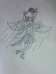 Size: 972x1296 | Tagged: safe, artist:mudmee-thai, derpibooru import, oc, oc only, equestria girls, clothes, equestria girls-ified, female, grin, lineart, ponied up, smiling, solo, spread wings, traditional art, wings