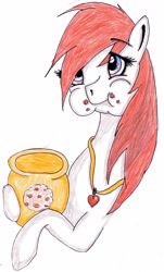 Size: 2065x3411 | Tagged: safe, artist:beamybutt, derpibooru import, oc, oc only, earth pony, pony, cookie, cookie jar, earth pony oc, eating, female, food, jewelry, mare, necklace, puffy cheeks, simple background, solo, traditional art, white background