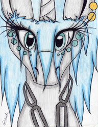 Size: 2488x3246 | Tagged: safe, artist:beamybutt, derpibooru import, oc, oc:moonbeam, pony, unicorn, bust, chains, ear piercing, eyelashes, horn, piercing, signature, simple background, solo, traditional art, unicorn oc, white background