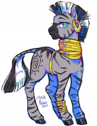 Size: 1579x2048 | Tagged: safe, artist:moshpaws, derpibooru import, zecora, zebra, bracelet, coat markings, ear piercing, earring, female, jewelry, looking at you, mare, piercing, signature, simple background, solo, white background