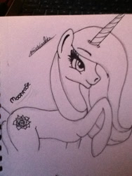 Size: 720x960 | Tagged: safe, artist:beamybutt, derpibooru import, oc, oc only, pony, unicorn, eyelashes, female, horn, mare, raised hoof, raised leg, signature, simple background, smiling, solo, traditional art, unicorn oc, white background