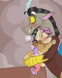 Size: 540x676 | Tagged: safe, artist:cocolove2176, derpibooru import, oc, oc:coraliss rose, draconequus, hybrid, pony, blushing, draconequus oc, eyes closed, father and child, father and daughter, female, interspecies offspring, male, offspring, parent and child, parent:discord, parent:fluttershy, parents:discoshy, wings