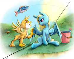 Size: 1476x1181 | Tagged: safe, artist:fixablom, derpibooru import, oc, oc only, oc:beaky, oc:brave blossom, fish, griffon, pegasus, pony, fanfic:yellow feathers, bucket, duo, female, fishing, fishing rod, griffon oc, jewelry, male, mother and child, mother and son, necklace, parent and child, tree