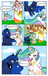 Size: 638x1007 | Tagged: safe, artist:therainbowtroll, derpibooru import, princess celestia, princess luna, scootaloo, bird, chicken, pony, animal costume, annoyed, anus, cake, cakelestia, cannon, chicken suit, clothes, comic, costume, food, fuse, nudity, pony cannonball, scootachicken, silly, silly pony, simplistic anus, that princess sure is afraid of chickens, to the moon
