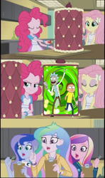 Size: 605x1024 | Tagged: safe, edit, edited screencap, screencap, twibooru import, dean cadance, fluttershy, pinkie pie, princess cadance, princess celestia, princess luna, principal celestia, vice principal luna, equestria girls, friendship games, banned from derpibooru, crossover, deleted from derpibooru, exploitable meme, inside the cake meme, meme, morty smith, rick and morty, rick sanchez, screencap comic