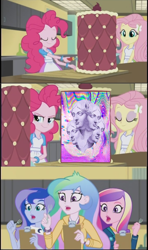 Size: 605x1024 | Tagged: safe, edit, edited screencap, screencap, twibooru import, dean cadance, fluttershy, pinkie pie, princess cadance, princess celestia, princess luna, principal celestia, vice principal luna, equestria girls, friendship games, banned from derpibooru, cake, deleted from derpibooru, exploitable meme, food, inside the cake meme, meme, screencap comic, vaporwave