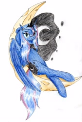 Size: 2169x3215 | Tagged: safe, artist:40kponyguy, derpibooru exclusive, derpibooru import, princess luna, alicorn, crescent moon, crossed legs, cutie mark background, ear fluff, ears, female, hooves behind head, jewelry, looking at you, mare, moon, necklace, relaxing, simple background, solo, tangible heavenly object, tiara, traditional art, transparent moon