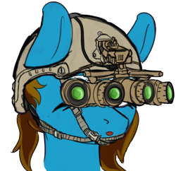 Size: 1962x1897 | Tagged: safe, artist:kalashnikitty, derpibooru import, oc, oc:memeancholy, :o, bust, colored sketch, female, goggles, helmet, high cut helmet, l3harris gpnvg-18, mare, night vision goggles, open mouth, ops-core fast helmet