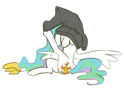 Size: 1228x886 | Tagged: safe, artist:nadnerbd, derpibooru import, princess celestia, alicorn, pony, clothes, cute, cutelestia, female, hoodie, majestic as fuck, mare, sillestia, silly, silly pony, simple background, sitting, sketch, solo, spread wings, stuck, tangled up, underhoof, undressing, wardrobe malfunction, white background, wings
