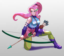 Size: 800x700 | Tagged: safe, artist:tzc, derpibooru import, fluttershy, human, alternate hairstyle, archer, arrow, boots, bow (weapon), clothes, female, humanized, pants, quiver, shoes, solo