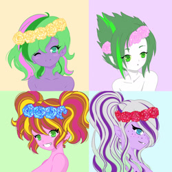 Size: 1920x1920 | Tagged: safe, artist:ocean-drop, derpibooru import, oc, oc only, oc:cherry chunga, oc:creme de la creme, oc:gem stone, oc:sapphire shine, dracony, hybrid, equestria girls, base used, elf ears, female, floral head wreath, flower, freckles, interspecies offspring, offspring, parent:cheese sandwich, parent:pinkie pie, parent:rarity, parent:spike, parent:timber spruce, parent:twilight sparkle, parents:cheesepie, parents:sparity, parents:timbertwi, smiling