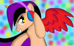 Size: 1250x776 | Tagged: safe, artist:mudmee-thai, derpibooru import, oc, oc only, alicorn, pony, alicorn oc, base used, bust, female, headphones, horn, mare, open mouth, signature, solo, wings