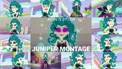 Size: 1974x1111 | Tagged: safe, derpibooru import, edit, edited screencap, editor:quoterific, screencap, juniper montage, leafy mint, mint chip, equestria girls, mirror magic, spoiler:eqg specials, angry, canterlot mall, collage, female, giantess, glowing eyes, grin, juniper monstar, macro, magic, male, monster, smiling