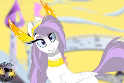Size: 1012x676 | Tagged: source needed, safe, artist:shawn keller, derpibooru import, screencap, oc, oc:athena (shawn keller), pegasus, pony, blurry background, female, guardian of the three kingdoms, guardians of pondonia, jewelry, lidded eyes, looking at you, mare, smiling, smiling at you, solo