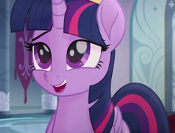Size: 640x487 | Tagged: safe, derpibooru import, screencap, twilight sparkle, twilight sparkle (alicorn), alicorn, my little pony: the movie, canterlot throne room, cropped, crown, folded wings, happy, jewelry, lidded eyes, looking up, regalia, smiling, wings