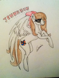 Size: 720x960 | Tagged: safe, artist:beamybutt, derpibooru import, oc, oc only, pegasus, pony, bow, eyelashes, female, hair bow, mare, pegasus oc, rearing, signature, solo, traditional art