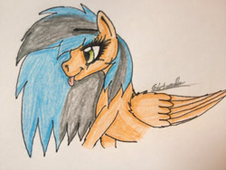 Size: 960x720 | Tagged: safe, artist:beamybutt, derpibooru import, oc, oc only, pegasus, pony, :p, bust, eyelashes, female, mare, pegasus oc, signature, solo, tongue, tongue out, traditional art, wings