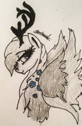 Size: 1758x2716 | Tagged: safe, artist:beamybutt, derpibooru import, oc, oc only, deer, deer pony, original species, pony, antlers, bust, eyelashes, signature, solo, traditional art