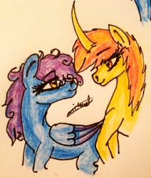 Size: 2145x2533 | Tagged: safe, artist:beamybutt, derpibooru import, oc, oc only, pegasus, pony, unicorn, bust, duo, eyelashes, female, horn, looking at each other, looking back, mare, pegasus oc, signature, traditional art, unicorn oc, wings