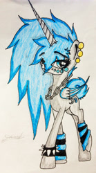 Size: 1714x3087 | Tagged: safe, artist:beamybutt, derpibooru import, oc, oc only, oc:moonbeam, alicorn, pony, alicorn oc, bust, choker, eyelashes, female, horn, leg warmers, mare, signature, solo, spiked choker, traditional art, two toned wings, wings
