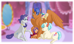 Size: 4567x2697 | Tagged: safe, artist:songbirddeige, derpibooru import, coco pommel, rarity, spearhead, oc, oc:ma petite, oc:tres magnifique, pegasus, pony, unicorn, lying down, offspring, parent:rarity, parent:spearhead, prone